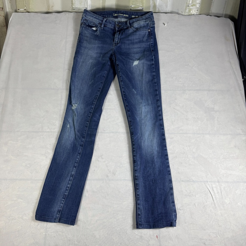 Calvin Klein Womens Straight Leg Jeans Blue Denim Distressed Low Rise 26x32